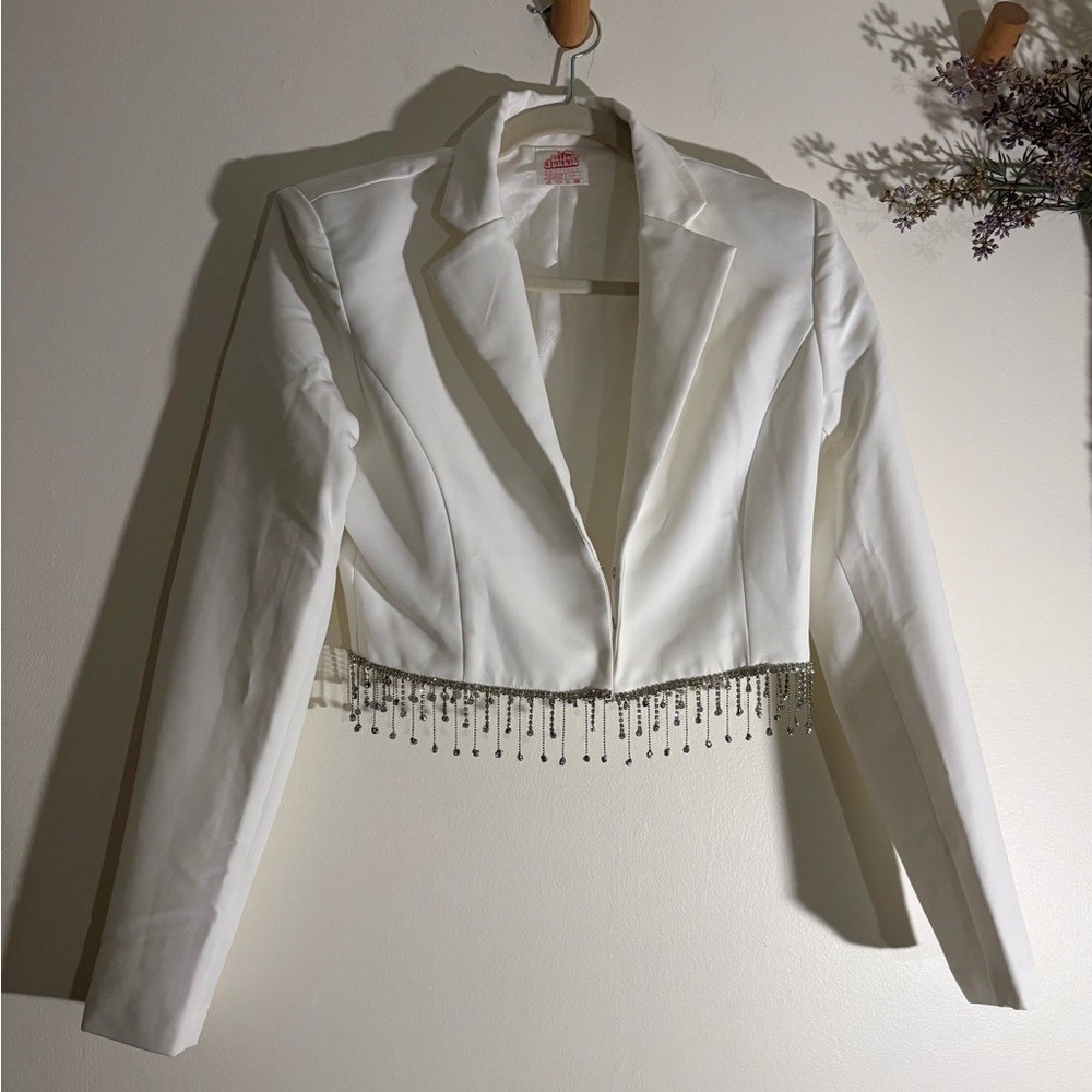 White 80s Disco Cropped Blazer Rhinestone Fringe Disco Glam- Medium